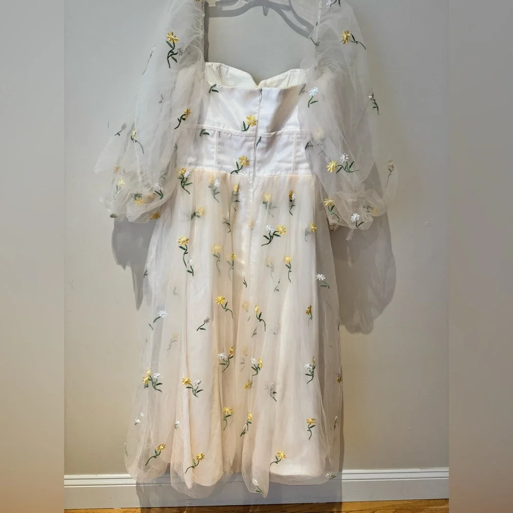 Sheer Embroidered Ivory Prom Dress with Yellow Floral Details - Picture 4 of 5